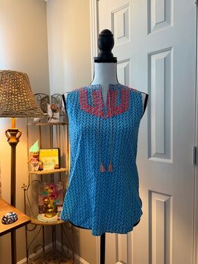 J. Crew Blue Printed Sleeveless Tie-Neck Tank with Coral Embroidery